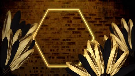 Animation-of-neon-hexagon-with-copy-space-over-leaves-on-brick-background