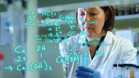 Animation-of-mathematical-equations-over-caucasian-female-doctor-with-test-tubes
