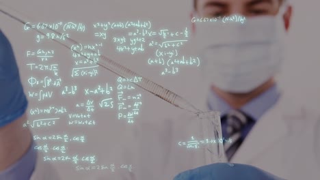 Animation-of-mathematical-equations-over-caucasian-male-doctor-taking-samples