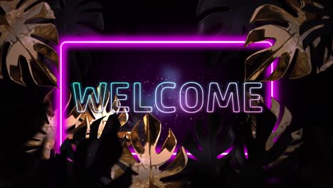 Animation-Von-Begrüßungstext-Und-Neonrahmen-über-Blättern-Auf-Schwarzem-Hintergrund
