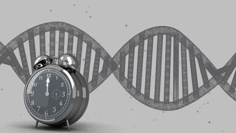 Animation-Einer-Uhr,-Die-Sich-über-Einen-DNA-Strang-Auf-Grauem-Hintergrund-Bewegt