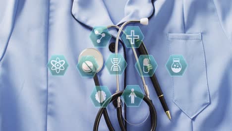 Animation-of-medical-icons-over-lab-coat-and-stethoscope