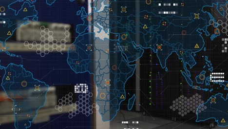 Animation-Der-Weltkarte-Und-Datenverarbeitung-über-Computerserver