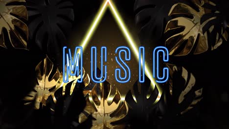 Animation-of-music-text-and-neon-triangle-over-leaves-on-black-background