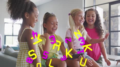 Animation-of-letters-and-numbers-over-happy-diverse-schoolgirls-using-smartphone-at-break-time