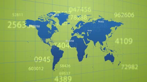 Animation-Der-Finanzdatenverarbeitung-über-Einer-Weltkarte-Auf-Grünem-Hintergrund