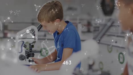 Animation-of-molecular-structures-over-happy-caucasian-schoolboy-using-microscope-in-science-class