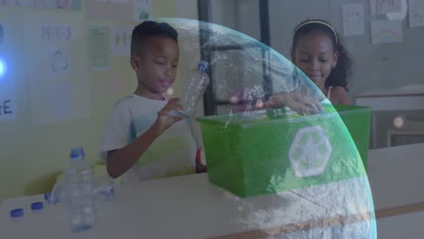 Animation-of-globe-over-happy-african-american-boy-and-girl-recycling-plastic-in-classroom