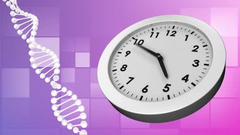 Animation-of-clock-moving-and-squares-over-dna-strand-on-purple-background