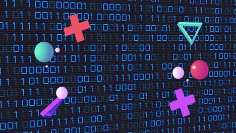 Animation-of-3d-pink-shapes-over-binary-coding-on-black-background