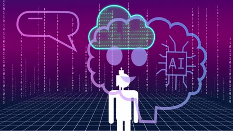 Animation-Von-KI-Chat-Und-Datenverarbeitung-über-Cloud-Auf-Violettem-Hintergrund