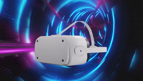 Animation-Eines-VR-Headsets-über-Einem-Tunnel-Mit-Blauen-Lichtspuren