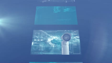 Animation-Von-Bildschirmen-Mit-Datenverarbeitung-Und-Lichtfleck-Vor-Blauem-Hintergrund