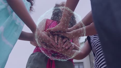 Animation-of-globe-with-connections-over-diverse-children-stacking-hands