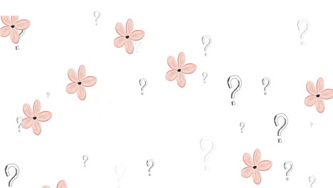 Animation-Von-Blumensymbolen,-Die-über-Einem-Fragezeichen-Auf-Weißem-Hintergrund-Schweben