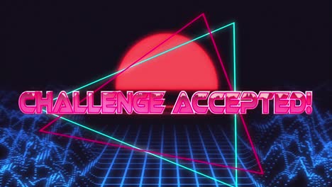 Animation-of-challenge-accepted-text-banner-against-blue-glowing-grid-network-and-digital-waves