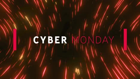 Animation-of-cyber-monday-text-banner-over-red-light-trails-spinning-against-black-background