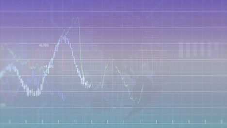 Animation-Der-Finanzdatenverarbeitung-über-Einem-Sich-Drehenden-Globus-Vor-Violettem-Hintergrund-Mit-Farbverlauf