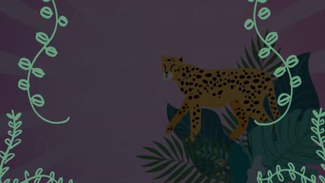 Animation-of-plant-leaves-over-cheetah-and-exotic-plants-with-copy-space-over-dark-background