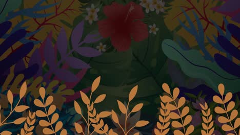 Animation-Von-Pflanzenblättern-über-Exotischen-Pflanzen-Mit-Kopierraum-Auf-Dunklem-Hintergrund