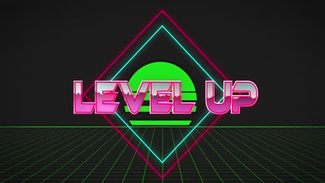Animation-of-level-up-text-banner-over-neon-sqaure-shapes-and-grid-network-on-black-background