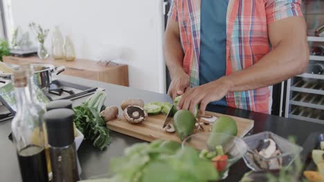 Midsection-of-biracial-man-preparing-meal,-chopping-vegetables-in-kitchen,-copy-space,-slow-motion