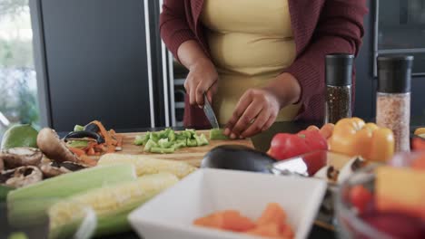 Midsection-of-african-american-plus-size-woman-chopping-vegetables-in-kitchen,-slow-motion
