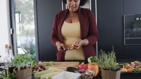 Afroamerikanerin-In-Übergröße-Schält-Karotte-In-Der-Küche,-Unverändert,-Zeitlupe