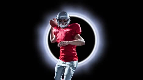 Animation-of-caucasian-male-rugby-player-throwing-a-ball-against-glowing-ring-on-black-background