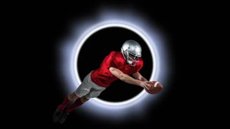 Animation-of-caucasian-male-rugby-player-catching-a-ball-against-glowing-ring-on-black-background
