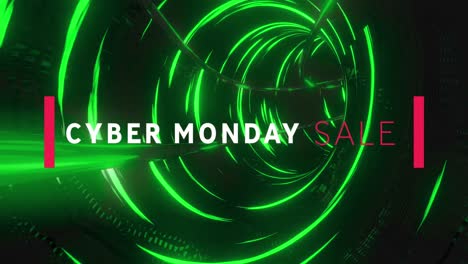 Animation-of-cyber-monday-text-banner-against-neon-green-tunnel-in-seamless-pattern