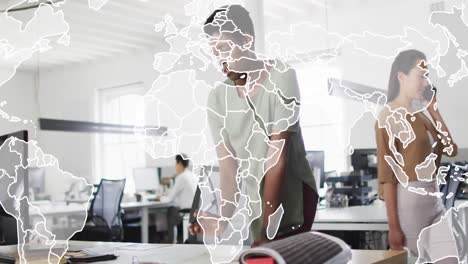Animation-of-world-map-and-data-processing-over-diverse-people-in-office