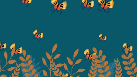 Animation-of-butterflies-and-autumn-leaves-on-blue-background
