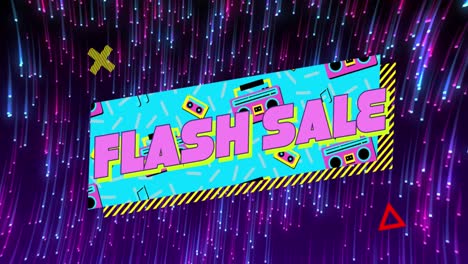 Animation-of-flash-sale-text-over-colorful-banner,-abstract-shapes-and-spinning-purple-light-trails