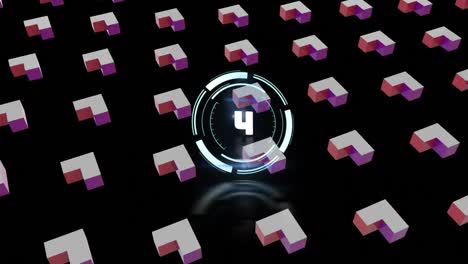 Animation-of-countdown-with-rows-of-pink-shapes-moving-on-black-background