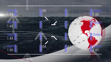 Animation-Der-Schnittstelle-Zur-Datenverarbeitung-Und-Sich-Drehender-Globus-Gegen-Meereswellen