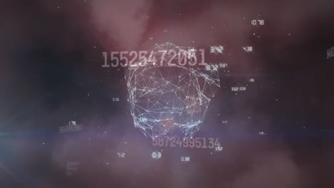 Animation-of-numbers,-network-of-connections-over-globe