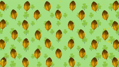 Animation-of-autumn-leaves-and-pattern-on-green-background