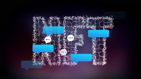 Animation-of-message-boxes-and-notification-boxes-over-dots-forming-nft-text-on-abstract-background