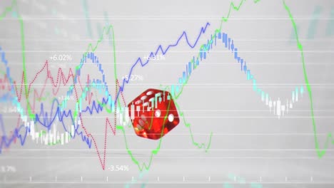 Animation-of-financial-data-processing-over-red-dice-falling-against-grey-background
