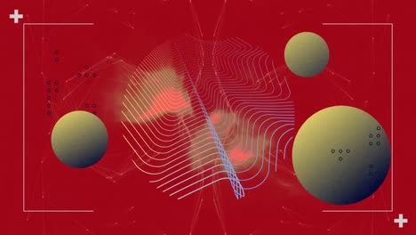 Animation-of-spheres,-globe-and-markers-on-red-background