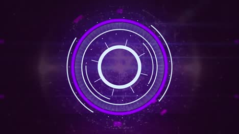 Animation-of-network-of-profile-icons-and-light-trails-over-neon-purple-round-scanner