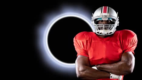 Animation-of-african-american-american-football-player-with-copy-space-over-neon-circle-lights