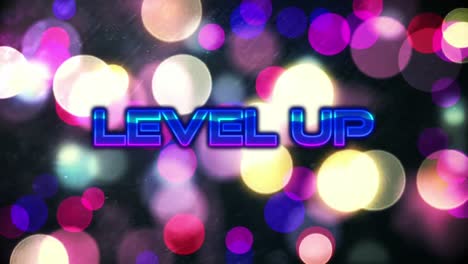 Animation-of-level-up-neon-text-over-spot-lights
