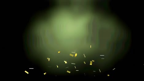 Animation-of-golden-confetti-falling-against-green-light-spot-and-copy-space-on-black-background