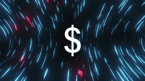 Animation-of-dollar-symbol-over-glowing-blue-light-trails-spinning-against-black-background