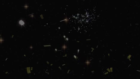 Animation-of-fireworks-exploding-and-golden-confetti-falling-against-copy-space-on-black-background