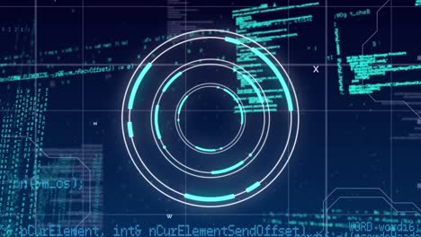 Animation-Des-Neon-Rundscanners-Und-Der-Datenverarbeitung-über-Ein-Gitternetzwerk-Vor-Blauem-Hintergrund