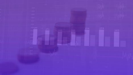 Animation-of-statistical-data-processing-and-stack-of-coins-against-purple-gradient-background