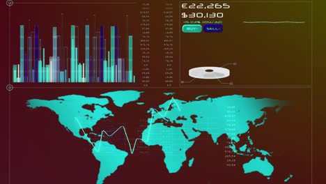 Animation-of-statistical-and-stock-market-data-processing-over-world-map-against-gradient-background